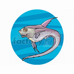 The clipart image features a stylized fish with prominent fins and tail, illustrated in a whimsical style with exaggerated features and a circular blue background that could represent water.