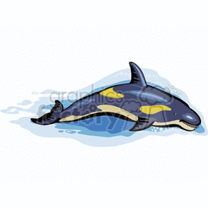 This clipart image depicts a stylized illustration of a single dolphin. The dolphin is colored in a cartoonish way with shades of blue and yellow spots, and it appears to be swimming or gliding through water, indicated by the presence of blue wavy lines and bubbles around it.