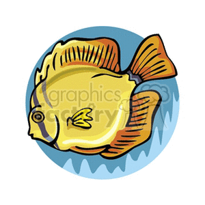 The image is a vibrant clipart illustration of a tropical fish. The fish appears cartoonish, with exaggerated features like a large eye and full fins. Its coloration includes yellows and oranges, with hints of blue in the background, suggesting a watery environment.