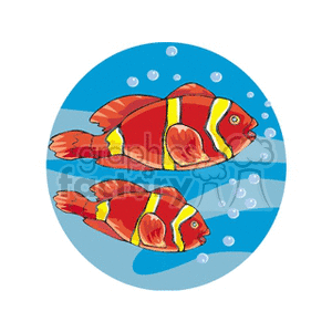 This clipart image features two stylized tropical fish, colored predominantly red with yellow and white markings. They appear to be swimming in blue water, surrounded by bubbles, suggesting an underwater scene.