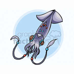 The clipart image depicts a stylized cartoon squid with a prominent head, large eyes, and tentacles. It's colored in shades of purple and blue with decorative spots in red and blue, implying a fanciful, non-realistic take on marine life.