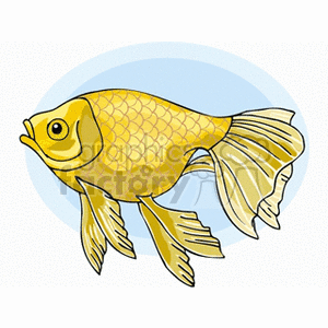 The clipart image depicts a cartoonish, golden-yellow fish with scales, fins, and an open mouth. The fish is set against a light blue background that suggests a watery environment.