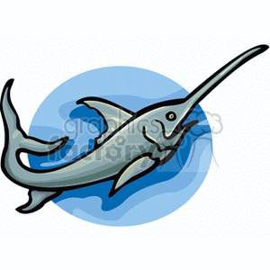 The clipart image depicts a stylized swordfish or marlin swimming in the ocean. The fish is characterized by its elongated bill, streamlined body, and dorsal fin.