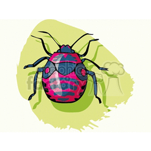 A vibrant and colorful illustration of a beetle with a pink and blue pattern on its back, resting on a green leaf.