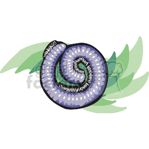 A clipart image of a coiled, segmented worm-like creature with a purple hue, against a backdrop of stylized green leaves.