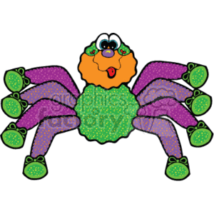 The clipart image shows a stylized and cartoonish spider with distinctive country-style patterns. The spider has a round body with dotted patterns, reminiscent of traditional country fabric designs. Each of its eight legs is adorned with a similar pattern, and it has green shoes on the ends of its legs, each with little bows. The spider has a friendly face with big white eyes, large blue pupils, an orange nose, and a smiling mouth, exuding a humorous and playful character. The whimsical depiction renders it as a non-threatening, funny creature rather than a realistic representation of an insect.