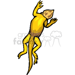 The image is a clipart illustration of a stylized yellow lizard. The lizard is depicted in a dynamic pose with its limbs and tail extended, which gives the impression of movement.