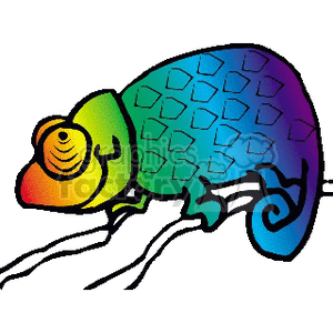 The clipart image depicts a colorful chameleon with a predominance of blue, green, and yellow hues. Its coiled tail, distinctive crested back, and its zygodactylous feet clinging onto a branch are clearly shown, which are characteristic features of chameleons.