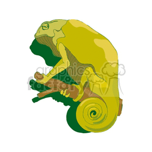The image is a colorful clipart representation of a chameleon sitting on a branch. It predominantly features shades of green and yellow, highlighting the chameleon's distinctive curled tail and its limb structure adapted for arboreal (tree-dwelling) movement.