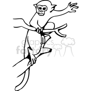 A black and white clipart image of a monkey swinging from a tree branch.