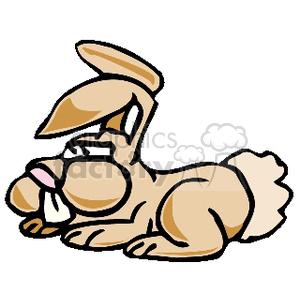 The clipart image depicts a cartoon-style rabbit or bunny. The rabbit is depicted in a lying down position, with oversized features typical of a cartoon character. It has prominent, rounded shapes for its body, and a large, exaggerated foot raised in the air. The color scheme includes shades of brown, beige, and pink, with white for the tail. The rabbit's eyes are closed, and it has a relaxed or content expression.