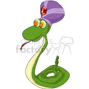 The clipart image shows a stylized cartoon of a snake. The snake is green with a lighter underside and is wearing a purple turban adorned with a red jewel. It has large, expressive yellow eyes with red pupils, and its tongue is sticking out, which is a common characteristic of snakes as they use their tongues to sense their environment. The snake's body is coiled at the bottom, and its in an upright position, giving it a playful or whimsical appearance.