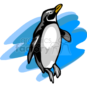 The image is a clipart depicting a cartoon penguin. The penguin is illustrated in black, white, and grey tones with a yellow beak. Behind the penguin, there are streaks of blue that give the impression of water or waves, suggesting the penguin might be swimming or sliding on ice.