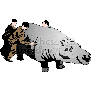 Clipart image of three men pushing a large hippopotamus.