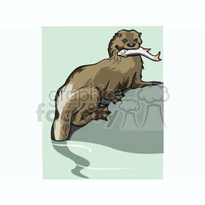 A clipart image of an otter holding a fish in its mouth, sitting on a rock near water.