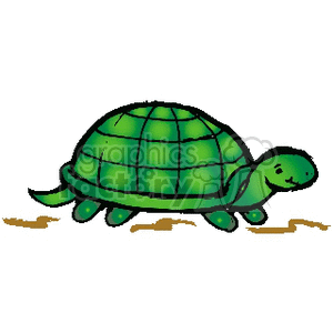 The image features a simple cartoon depiction of a green tortoise with a rounded shell. It seems like it's walking, as indicated by the flat lines beneath its feet suggesting motion. However, there are no visual elements like water in the image to suggest that it's going towards or in the sea.