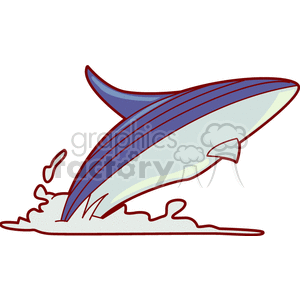 This clipart image features a stylized whale, characterized by its large size, smooth body, and distinctive tail fin, breaching the water surface. Splashes of water around the whale suggest dynamic movement, as the whale is depicted mid-leap or emerging from the water.