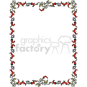 The clipart image depicts a decorative border or frame featuring red hot chili peppers interspersed with cloves of garlic. The peppers and garlic are arranged in a repeating pattern, framing a blank central area that can be used to insert text or other elements. The design elements used in the borders give a thematic focus on cooking or spicy food.