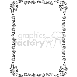 The image is a black and white clipart of a decorative border. The border is composed of a repeating motif that features flowers and cartoon-like images of a girl at the corners and center of the top and bottom borders. It is designed to frame or enhance the aesthetics of a page, possibly for kids due to the playful and simple style of the drawings. There is a large central space that is empty, likely intended for text or additional images to be inserted.