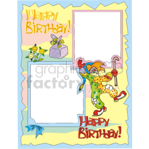 This clipart image features a colorful birthday-themed design with two empty photo frames. The design includes a cheerful clown, a gift box, and flowers, with the text 'Happy Birthday!' prominently displayed in two places.