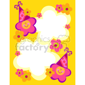 Colorful and cheerful clipart image featuring smiling flowers wearing party hats, surrounded by various other brightly colored flowers. The image has two large white spaces in the center suitable for text or messages, with a bright yellow background.