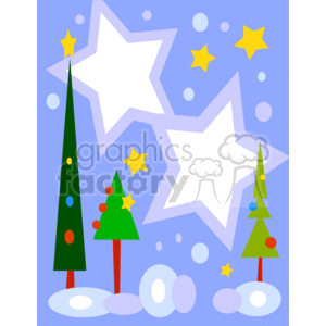 This clipart image features a winter holiday scene with three stylized Christmas trees in different sizes, decorated with colorful baubles. The background is a light blue sky with large white stars, yellow stars, and abstract circular shapes floating around, suggesting a festive and celebratory atmosphere.