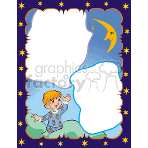 A colorful clipart image depicting a night-time scene with a child in pajamas waving, sitting on a green pillow. There is a smiling crescent moon hanging above with two sections for text framed by a starry border.