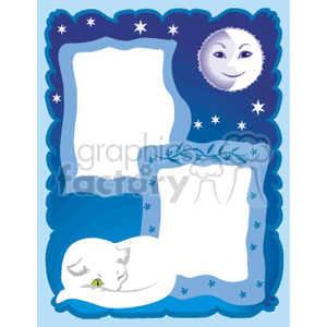 Clipart image featuring two empty frames with a whimsical night-themed design. The top frame is surrounded by stars and a smiling moon, while the bottom frame is adjacent to a sleeping white cat. Both frames have a blue border and a backdrop of a night sky.