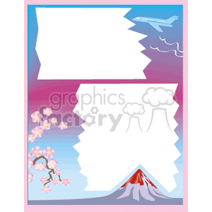 A colorful clipart image featuring two large torn paper sections on a gradient background. The top section shows an airplane flying through the sky, while the bottom section has a cherry blossom tree on the left and a snow-capped mountain on the right.