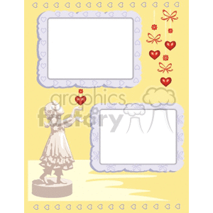 Clipart image featuring two blank photo frames with heart decorations, a statue of a girl, and scattered heart and ribbon designs.