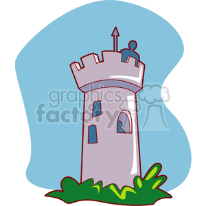 A clipart image depicting a medieval watchtower with crenellations, arrow-slit windows, and green shrubbery at its base. The background is a light blue shape representing the sky.