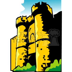 A clipart image of a yellow medieval castle with tall towers and battlements, set against a blue sky and green grass.