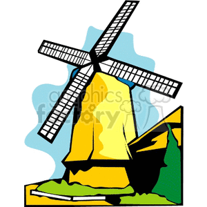 A colorful clipart image of a traditional windmill with four blades and a yellow structure, set against a blue sky with abstract green and yellow elements.