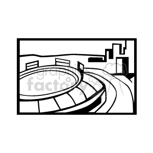 A black and white clipart image depicting a sports stadium with a city skyline in the background.