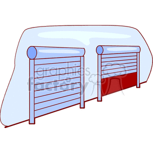Clipart image of two warehouse or garage doors, with one partly opening, and the other fully closed