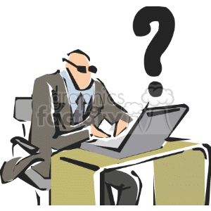 A clipart image of a person sitting at a desk, using a laptop, with a large question mark overhead.