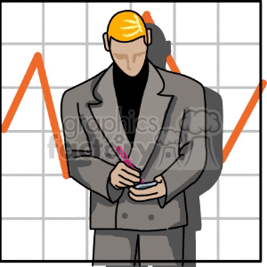 Clipart of a person in a suit writing on a notepad with a line graph in the background.