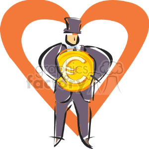 Illustration of a person in a suit and top hat holding a euro symbol coin with an orange heart in the background.