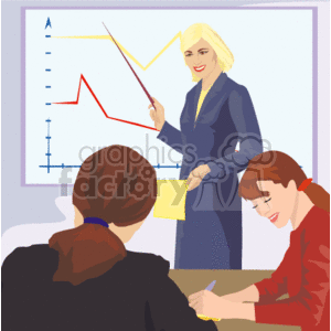 This clipart image depicts a business setting with two individuals who appear to be in a meeting or presentation. A woman, standing and smiling, is pointing to a large chart on the wall with a pointer. The chart shows two lines, one red and one yellow, which seem to represent data or trends; the red line exhibits a decline followed by a sharp rise, while the yellow line is mostly rising with a slight decline near the end.
The woman is professionally dressed, suggesting that she may be conducting the presentation or leading the discussion. A second person, whose gender is not clearly distinguishable, is sitting down, facing the woman and taking notes, indicating engagement in the discussion. Both individuals appear focused on the task at hand.
The scene conveys a professional atmosphere where business performance, financial outcomes, or strategic planning might be discussed, utilizing visual aids such as charts to interpret and communicate data points or profit trends.
