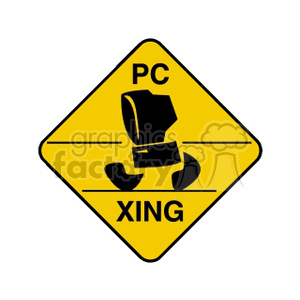 A yellow diamond-shaped caution sign with an image of a walking computer monitor and the text 'PC XING'.