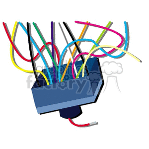 Clipart image of a blue box with colorful wires protruding from it.