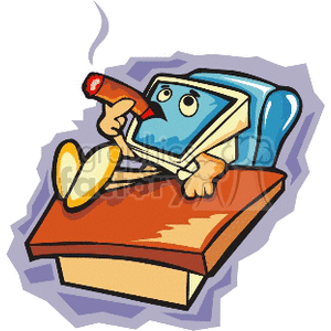 Humorous clipart of a computer monitor character relaxing back in a chair smoking a cigar.