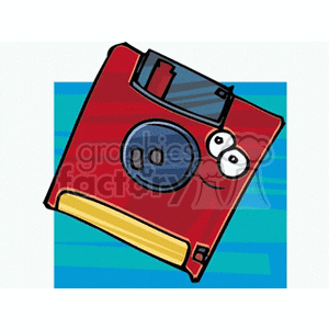 A colorful clipart image of a red floppy disk with eyes and a smile, giving it a cartoonish and friendly appearance.