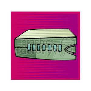 Clipart image of a network switch with multiple ports, against a purple background.