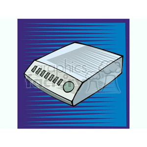 Clipart illustration of a modem device on a blue background.