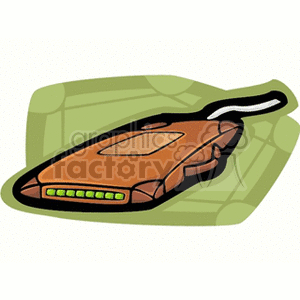 Clipart image of a brown computer modem with a cord and green background.