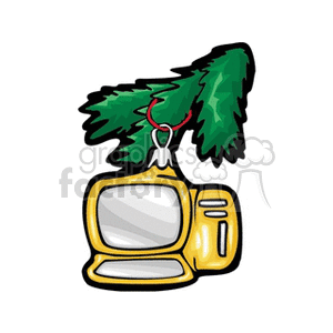 A clipart image of a retro television set designed as a Christmas ornament, hanging from a branch of a Christmas tree.