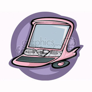 Clipart of a stylized pink PDA with a touch screen, set against a purple circular background.