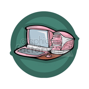 Clipart of a stylized, pink vintage computer with a monitor and tower on a green circular background.