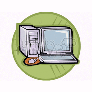 A clipart image of a desktop computer setup, featuring a monitor, tower, keyboard, and mouse on a green circular background.